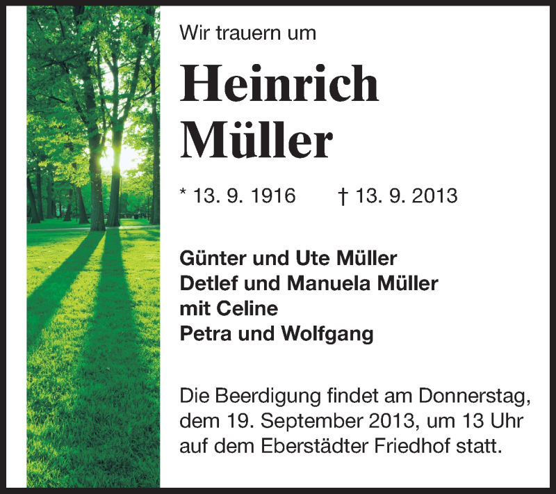 Traueranzeige für Heinrich Müller vom 17.09.2013 aus Echo-Zeitungen (Gesamtausgabe)