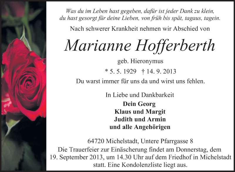  Traueranzeige für Marianne Hofferberth vom 17.09.2013 aus Odenwälder Echo