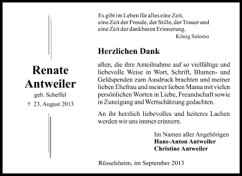 Traueranzeige von Renate Antweiler von Rüsselsheimer Echo, Groß-Gerauer-Echo, Ried Echo
