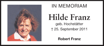 Traueranzeige von Hilde Franz von Echo-Zeitungen (Gesamtausgabe)