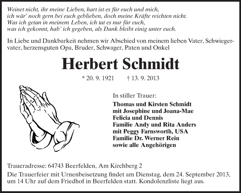  Traueranzeige für Herbert Schmidt vom 20.09.2013 aus Odenwälder Echo
