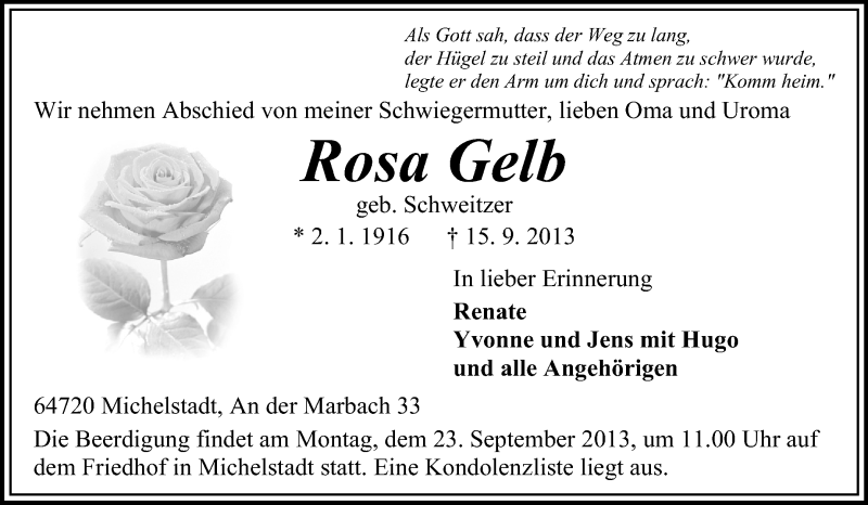  Traueranzeige für Rosa Gelb vom 18.09.2013 aus Odenwälder Echo
