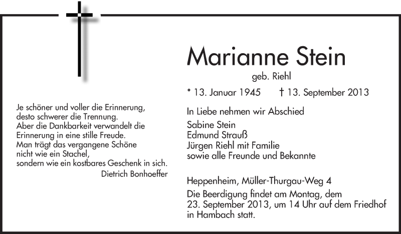  Traueranzeige für Marianne Stein vom 19.09.2013 aus Starkenburger Echo