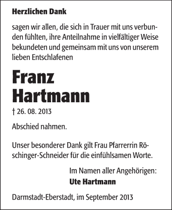 Traueranzeige von Franz Hartmann von Echo-Zeitungen (Gesamtausgabe)