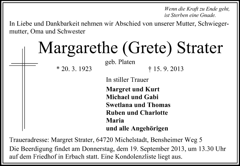  Traueranzeige für Margarethe Strater vom 18.09.2013 aus Odenwälder Echo