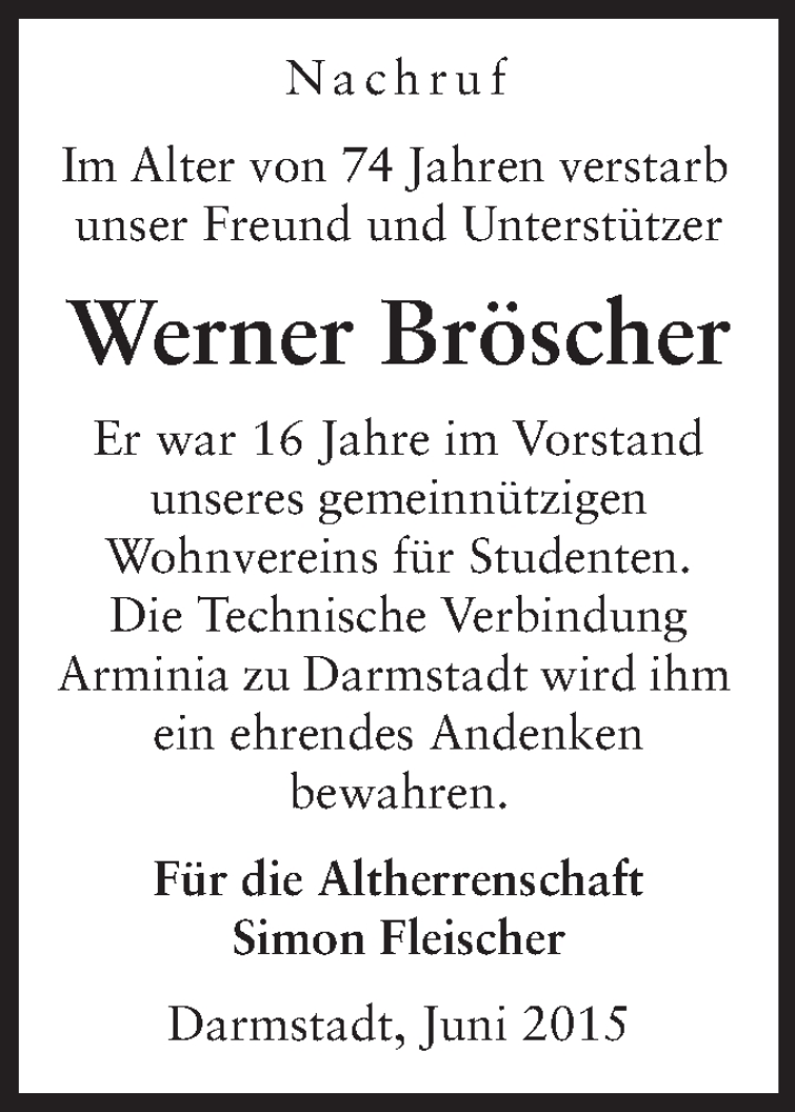  Traueranzeige für Werner Bröscher vom 06.06.2015 aus Echo-Zeitungen (Gesamtausgabe)