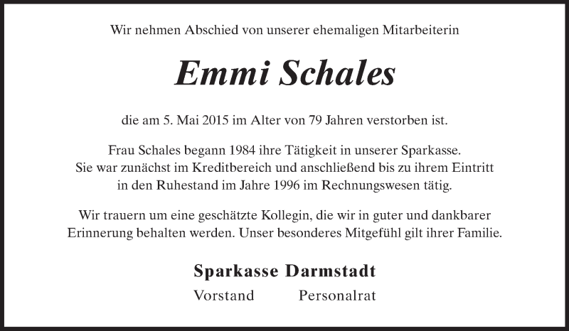  Traueranzeige für Emmi Schales vom 16.05.2015 aus Echo-Zeitungen (Gesamtausgabe)