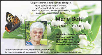 Traueranzeige von Marie Bott von Rüsselsheimer Echo, Groß-Gerauer-Echo, Ried Echo