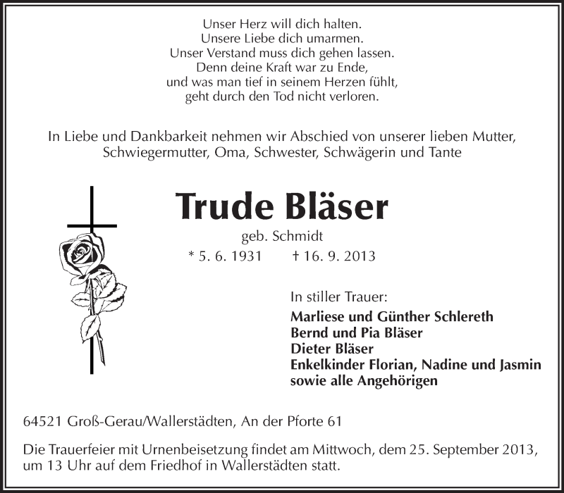  Traueranzeige für Trude Bläser vom 23.09.2013 aus Rüsselsheimer Echo, Groß-Gerauer-Echo, Ried Echo