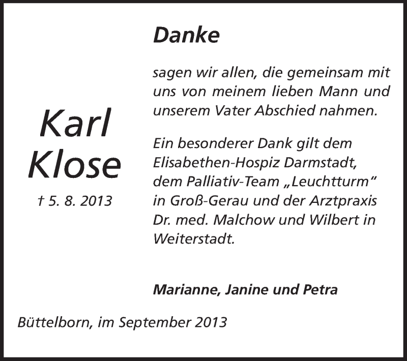  Traueranzeige für Karl Klose vom 20.09.2013 aus Rüsselsheimer Echo, Groß-Gerauer-Echo, Ried Echo