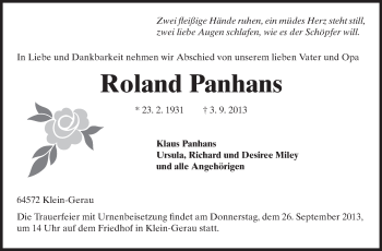 Traueranzeige von Roland Panhans von Rüsselsheimer Echo, Groß-Gerauer-Echo, Ried Echo