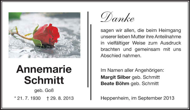  Traueranzeige für Annemarie Schmitt vom 21.09.2013 aus Starkenburger Echo
