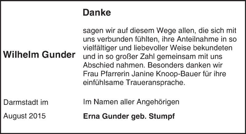  Traueranzeige für Wilhelm Gunder vom 29.08.2015 aus trauer.echo-online.de