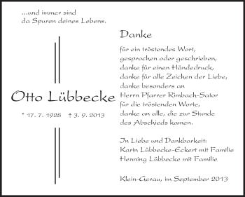 Traueranzeige von Otto Lübbecke von Rüsselsheimer Echo, Groß-Gerauer-Echo, Ried Echo