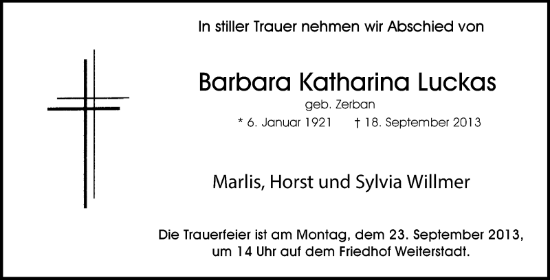  Traueranzeige für Barbara Katharina Luckas vom 21.09.2013 aus Echo-Zeitungen (Gesamtausgabe)
