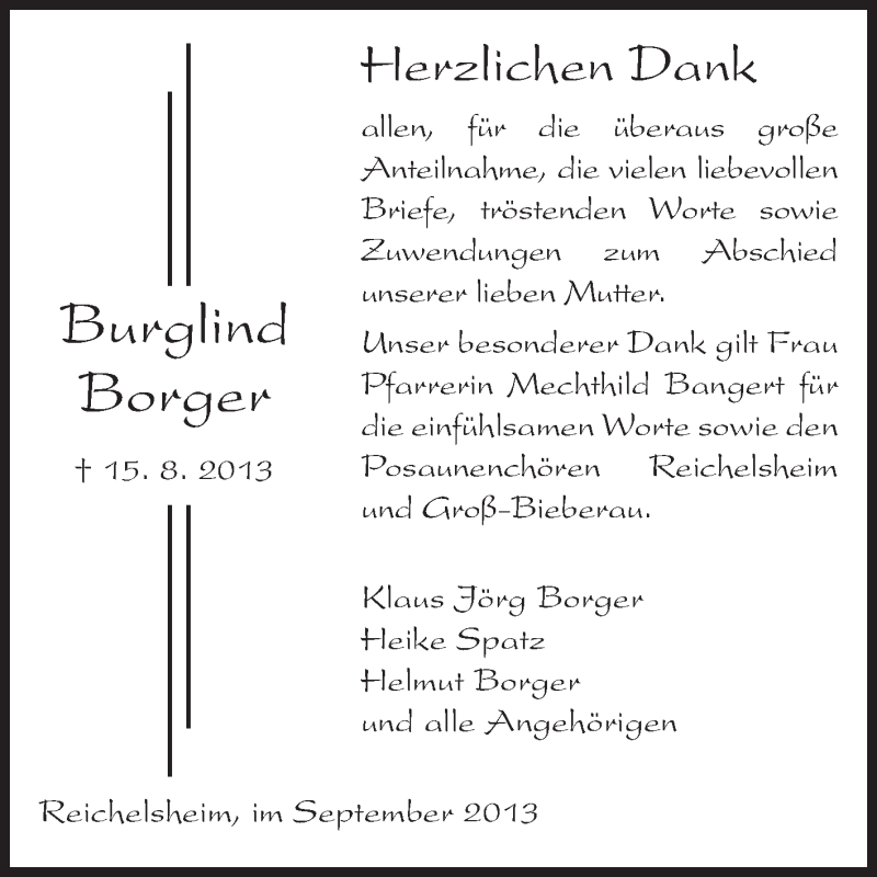  Traueranzeige für Burglind Borger vom 21.09.2013 aus Odenwälder Echo