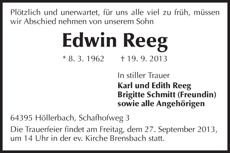  Traueranzeige für Edwin Reeg vom 24.09.2013 aus Odenwälder Echo