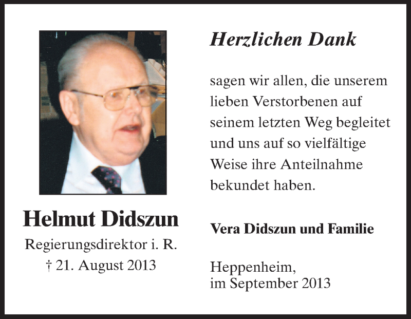  Traueranzeige für Helmut Didszun vom 21.09.2013 aus Starkenburger Echo