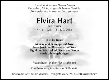 Traueranzeige von Elvira Hart von Rüsselsheimer Echo, Groß-Gerauer-Echo, Ried Echo