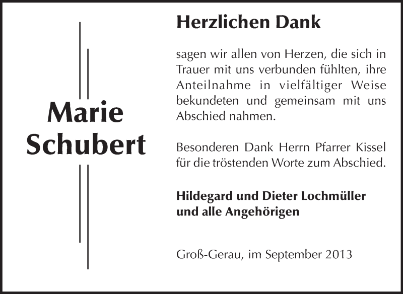  Traueranzeige für Marie Schubert vom 28.09.2013 aus Rüsselsheimer Echo, Groß-Gerauer-Echo, Ried Echo