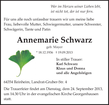 Traueranzeige von Annemarie Schwarz von Echo-Zeitungen (Gesamtausgabe)