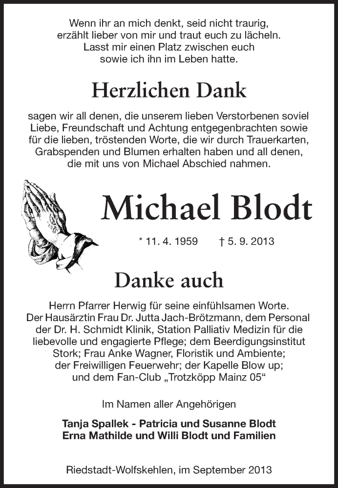  Traueranzeige für Michael Blodt vom 25.09.2013 aus Rüsselsheimer Echo, Groß-Gerauer-Echo, Ried Echo