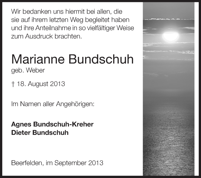  Traueranzeige für Marianne Bundschuh vom 24.09.2013 aus Odenwälder Echo