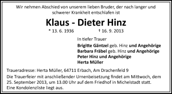 Traueranzeige von Klaus-Dieter Hinz von Odenwälder Echo