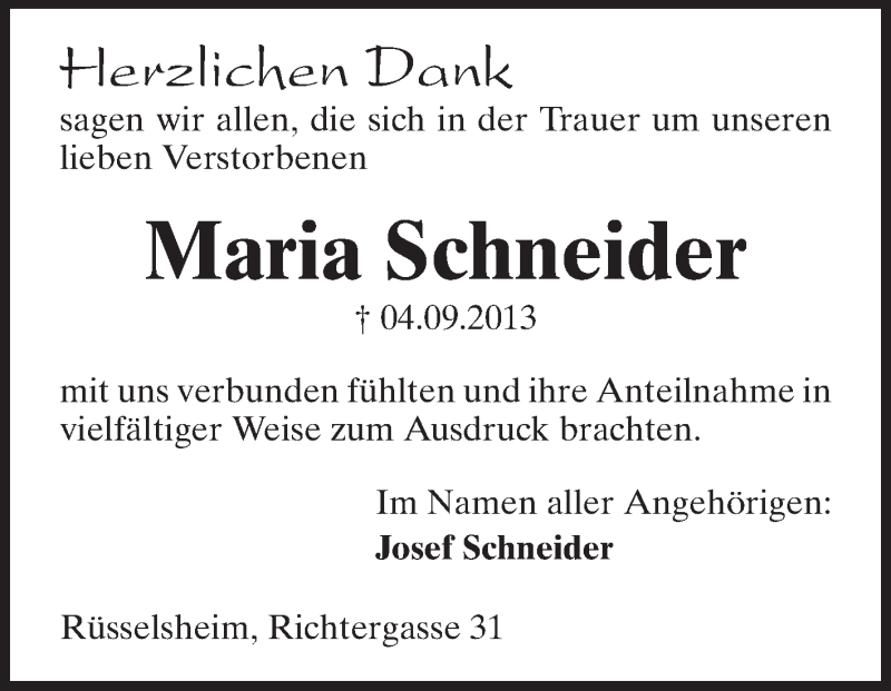  Traueranzeige für Maria Schneider vom 28.09.2013 aus Rüsselsheimer Echo, Groß-Gerauer-Echo, Ried Echo