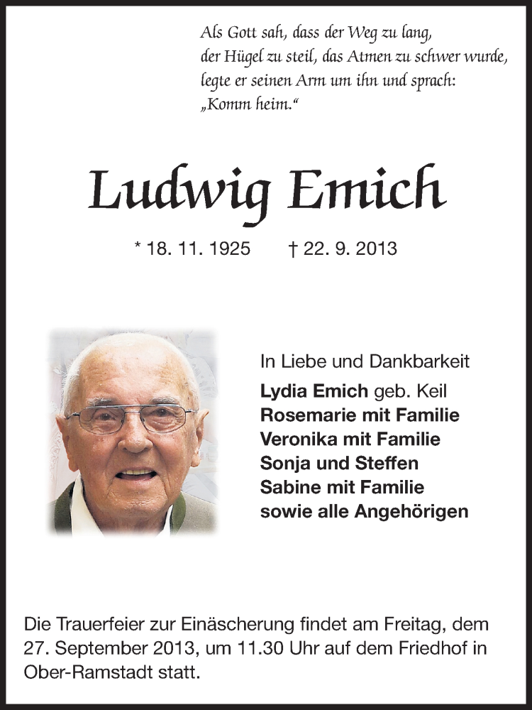  Traueranzeige für Ludwig Emich vom 25.09.2013 aus Echo-Zeitungen (Gesamtausgabe)