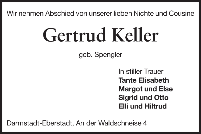  Traueranzeige für Gertrud Keller vom 25.09.2013 aus Echo-Zeitungen (Gesamtausgabe)