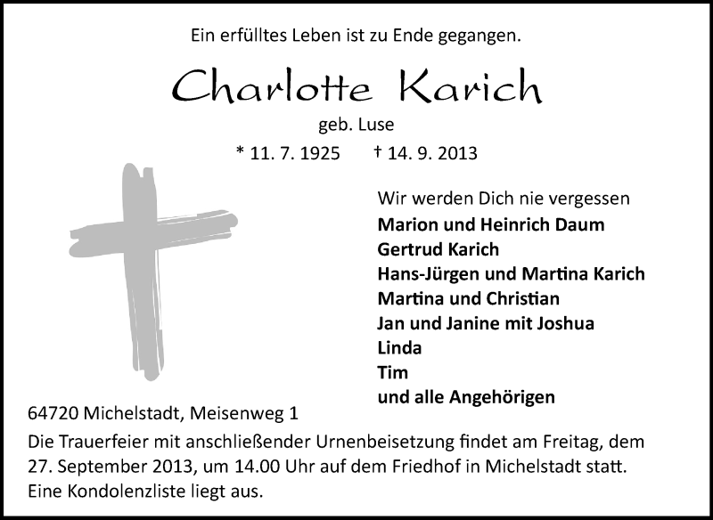  Traueranzeige für Charlotte Karich vom 25.09.2013 aus Odenwälder Echo