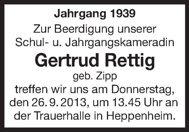  Traueranzeige für Gertrud Rettig vom 24.09.2013 aus Starkenburger Echo
