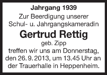 Traueranzeige von Gertrud Rettig von Starkenburger Echo