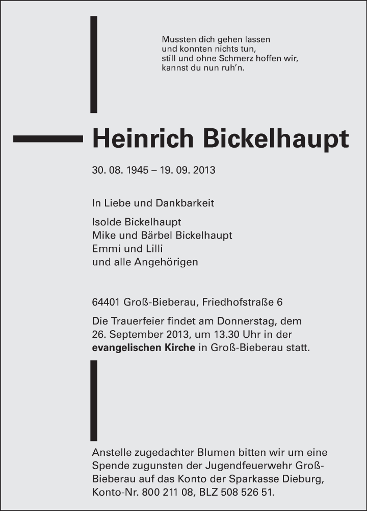  Traueranzeige für Heinrich Bickelhaupt vom 25.09.2013 aus Echo-Zeitungen (Gesamtausgabe)