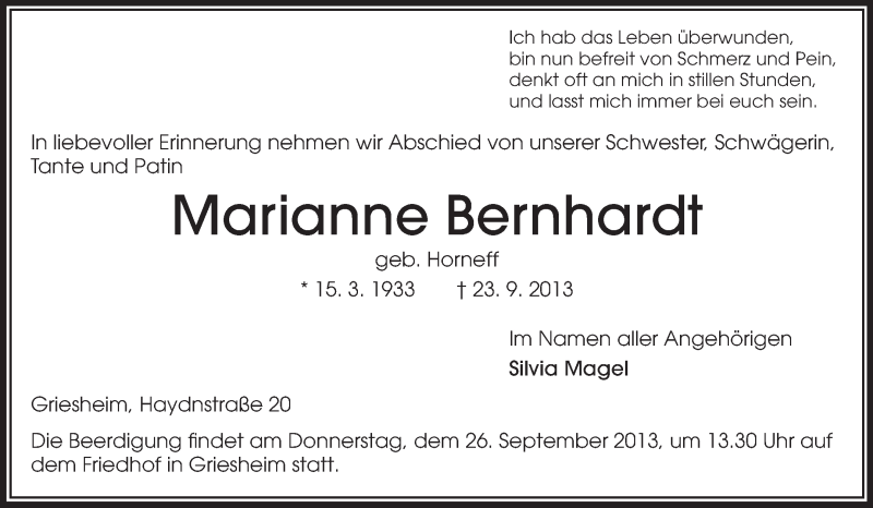  Traueranzeige für Marianne Bernhardt vom 25.09.2013 aus Echo-Zeitungen (Gesamtausgabe)