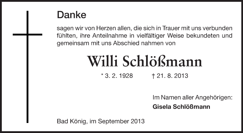  Traueranzeige für Willi Schlößmann vom 28.09.2013 aus Odenwälder Echo