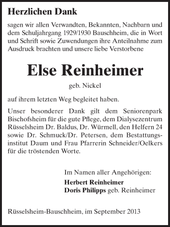 Traueranzeige von Else Reinheimer von Rüsselsheimer Echo, Groß-Gerauer-Echo, Ried Echo