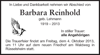 Traueranzeige von Barbara Reinhold von Rüsselsheimer Echo, Groß-Gerauer-Echo, Ried Echo