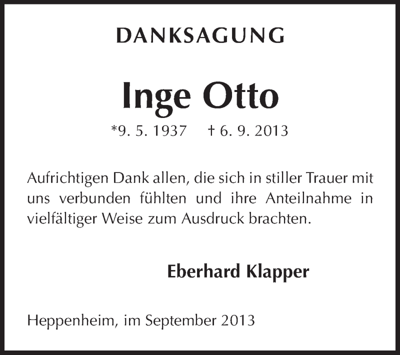  Traueranzeige für Inge Otto vom 28.09.2013 aus Starkenburger Echo