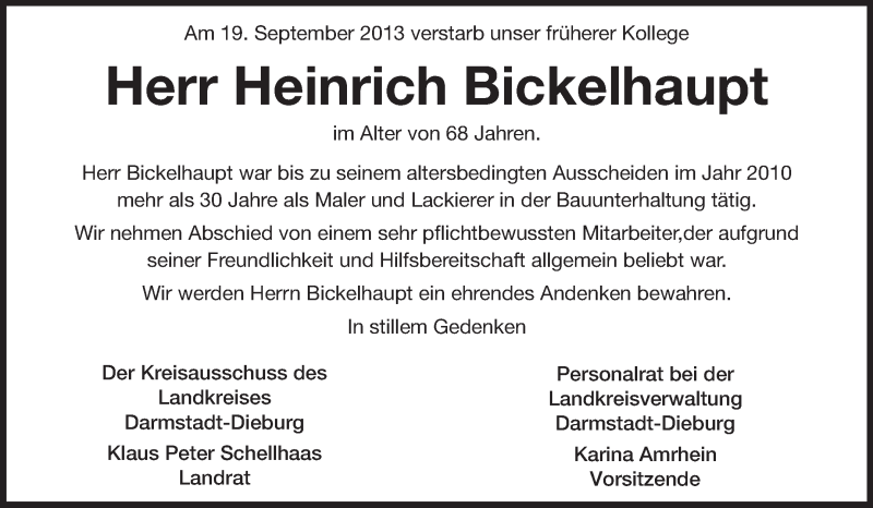  Traueranzeige für Heinrich Bickelhaupt vom 25.09.2013 aus Echo-Zeitungen (Gesamtausgabe)