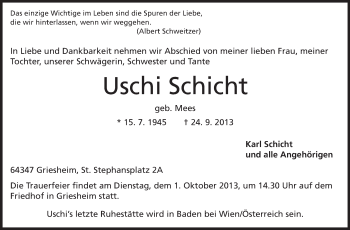 Traueranzeige von Uschi Schicht von Darmstädter Echo, Odenwälder Echo, Rüsselsheimer Echo, Groß-Gerauer-Echo, Ried Echo