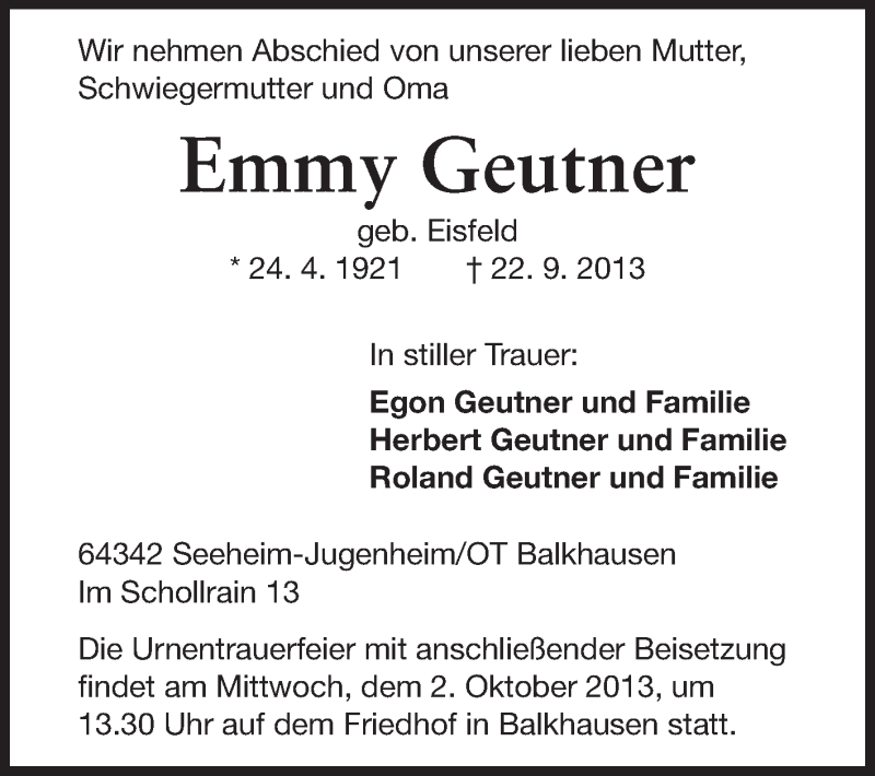  Traueranzeige für Emmy Geutner vom 27.09.2013 aus Echo-Zeitungen (Gesamtausgabe)