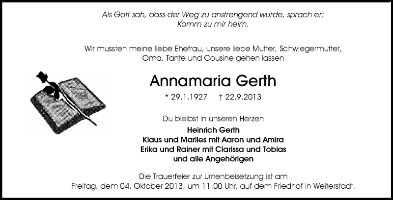  Traueranzeige für Annamaria Gerth vom 28.09.2013 aus Echo-Zeitungen (Gesamtausgabe)