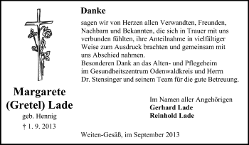Traueranzeige von Margarete Lade von Odenwälder Echo