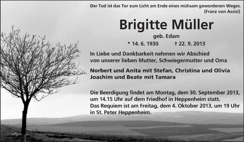  Traueranzeige für Brigitte Müller vom 27.09.2013 aus Starkenburger Echo