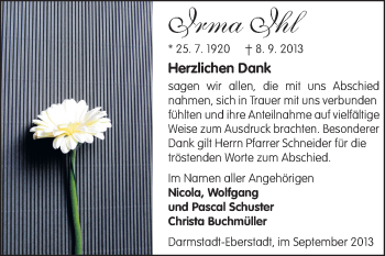 Traueranzeige von Irma Ihl von Echo-Zeitungen (Gesamtausgabe)
