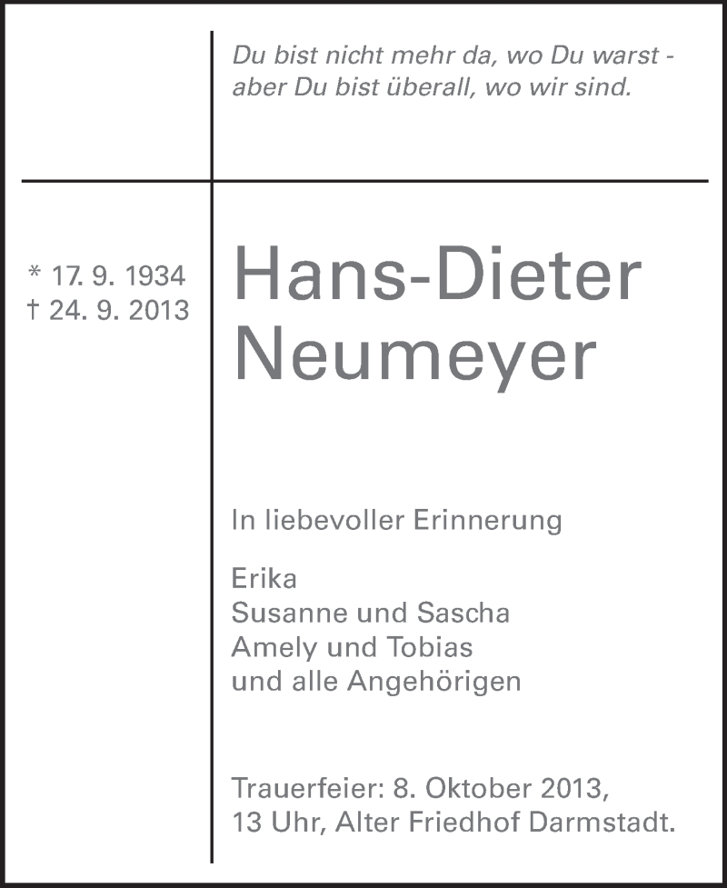  Traueranzeige für Hans-Dieter Neumeyer vom 05.10.2013 aus Echo-Zeitungen (Gesamtausgabe)