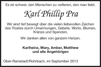 Traueranzeige von Karl Phillip Pra von Echo-Zeitungen (Gesamtausgabe)