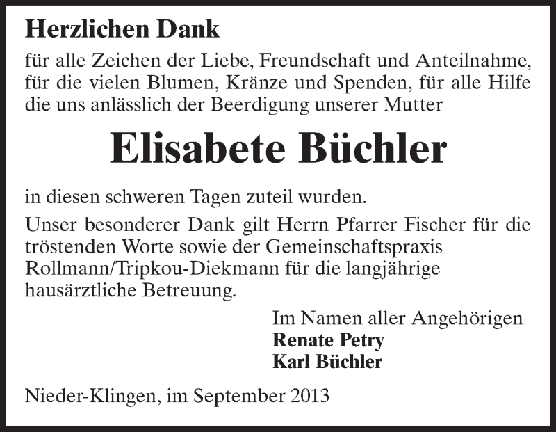  Traueranzeige für Elisabete Büchler vom 28.09.2013 aus Echo-Zeitungen (Gesamtausgabe)